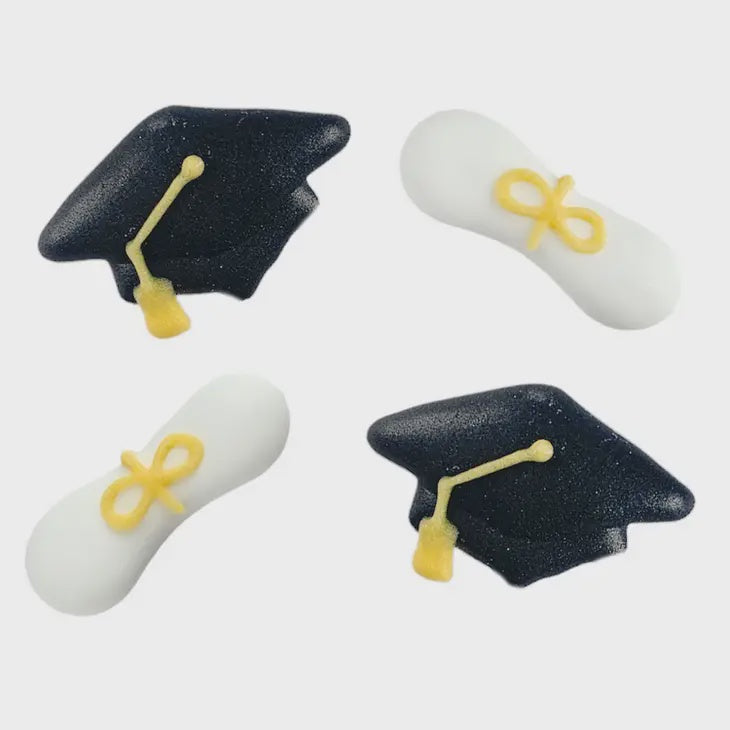 Royal Icing Grad Cap and Diploma - Black, 6 Pieces