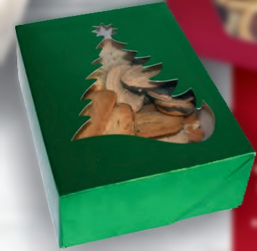Green Foil Cookie Box with a Christmas Tree Cutout