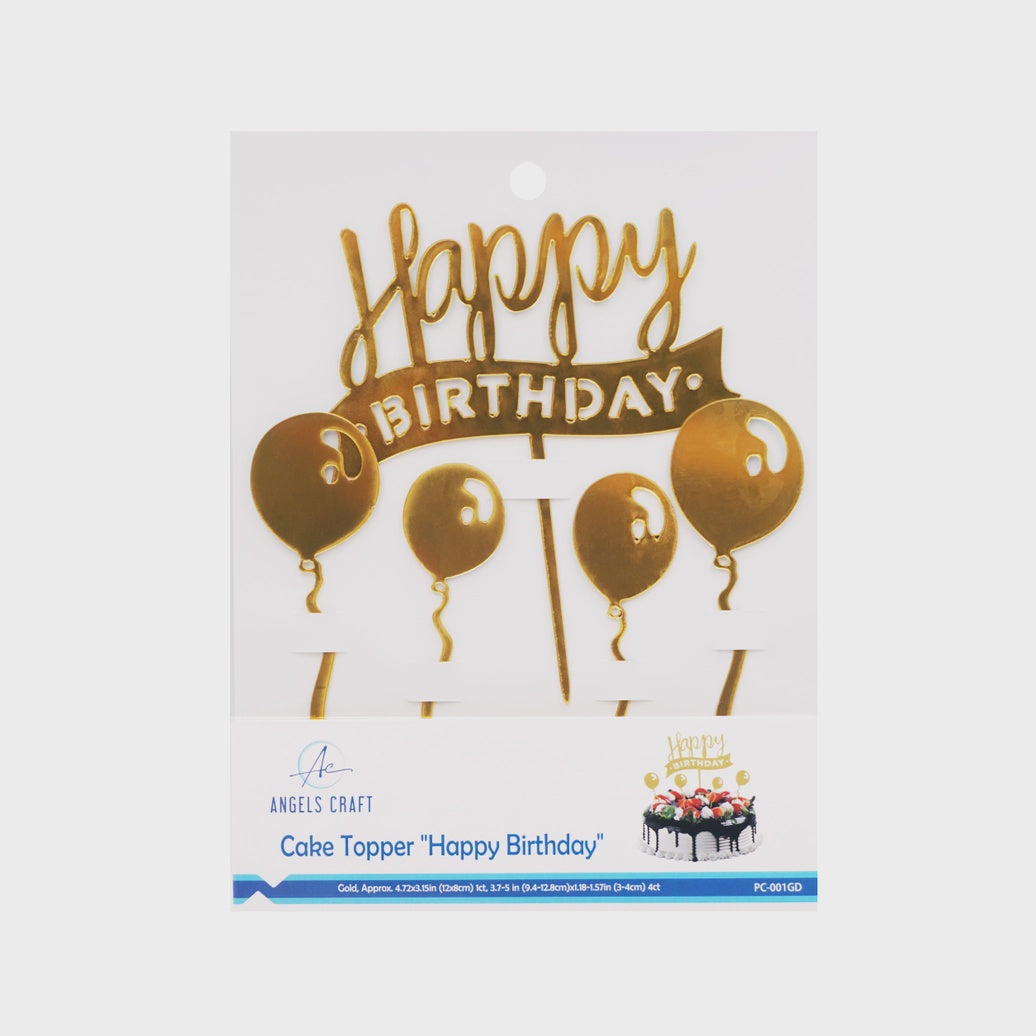 Gold Happy Birthday Cake Topper with Balloons