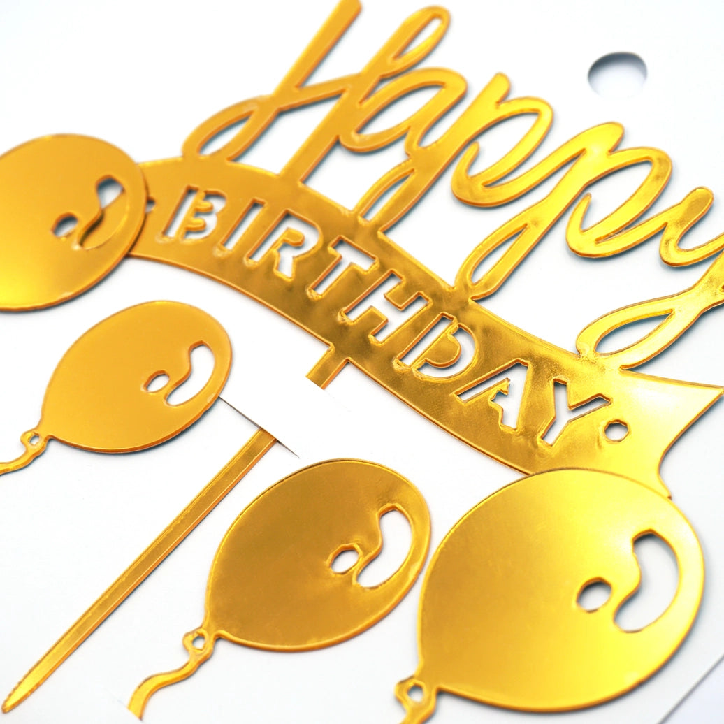 Gold Happy Birthday Cake Topper with Balloons
