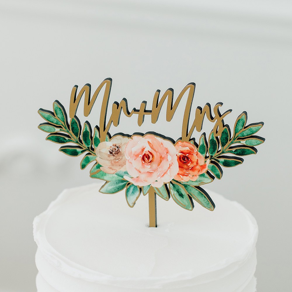 Mr & Mrs Floral Cake Topper (Wood)