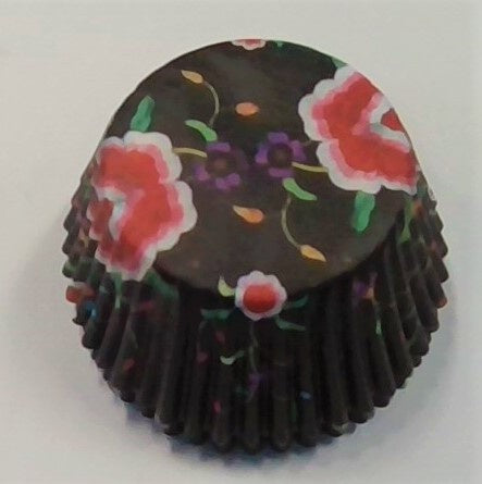 Black with Pink Tea Rose Pattern, Standard Size Bake Cups - 50ish Cupcake Liners