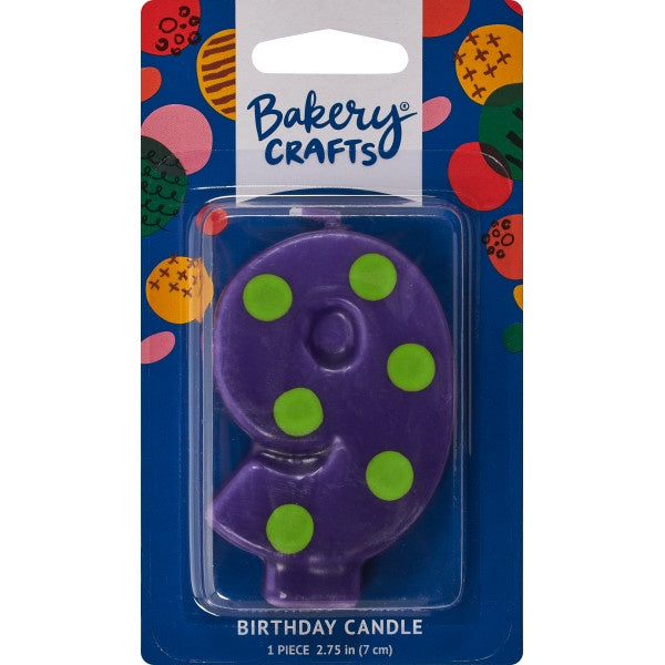 Number Candle - 9 - Purple with Green Polka Dots