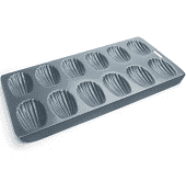 picture of madeleine pan, pan is gray and contains 12 madeline cavities