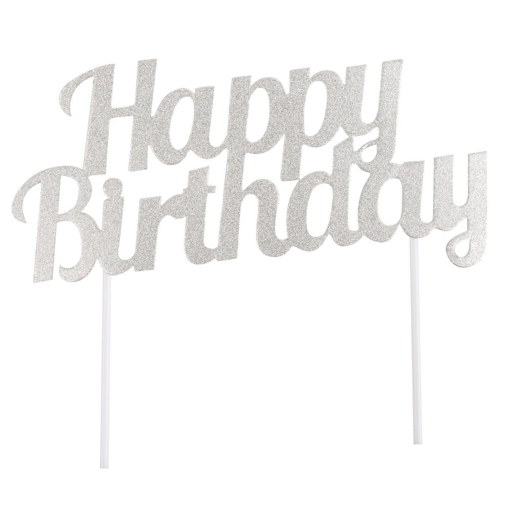 Happy Birthday Silver Script Cake Topper