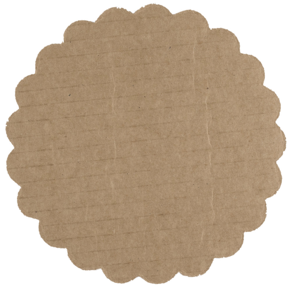 image of the back of a 6 inch gold cake board with scalloped edges. The back is brown cardboard