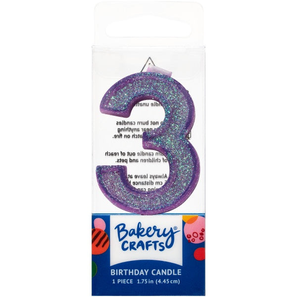 Mini, Number 3, Purple Glitter Candle