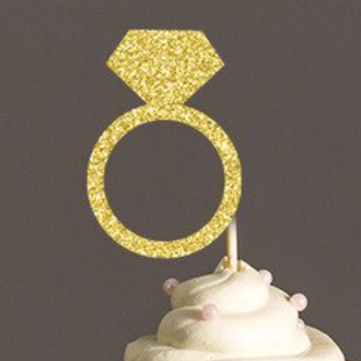 Gold Engagement Ring Cupcake Topper Picks - 12 Count