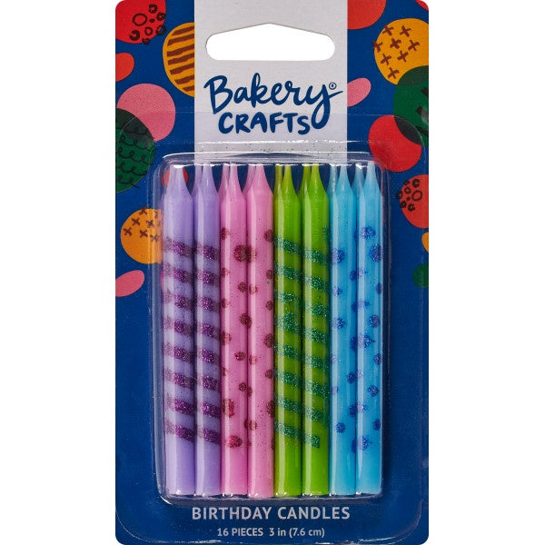 Stripes and Dots Glitter Candles, 16pc