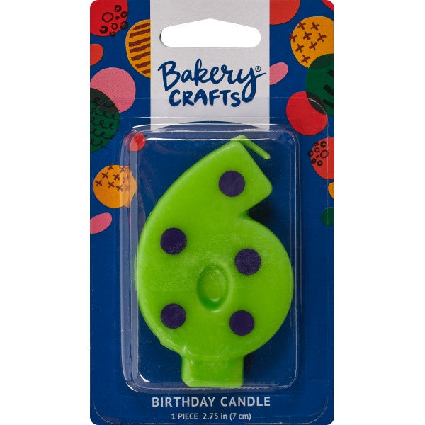 Number Candle - 6 - Green with Purple Polka Dots