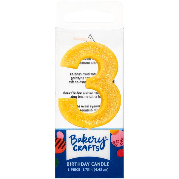 Mini, Number 3, Yellow Glitter Candle