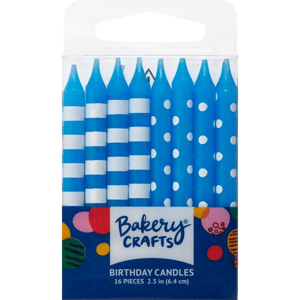 Stripe and Dot Candles - Blue, 16pc