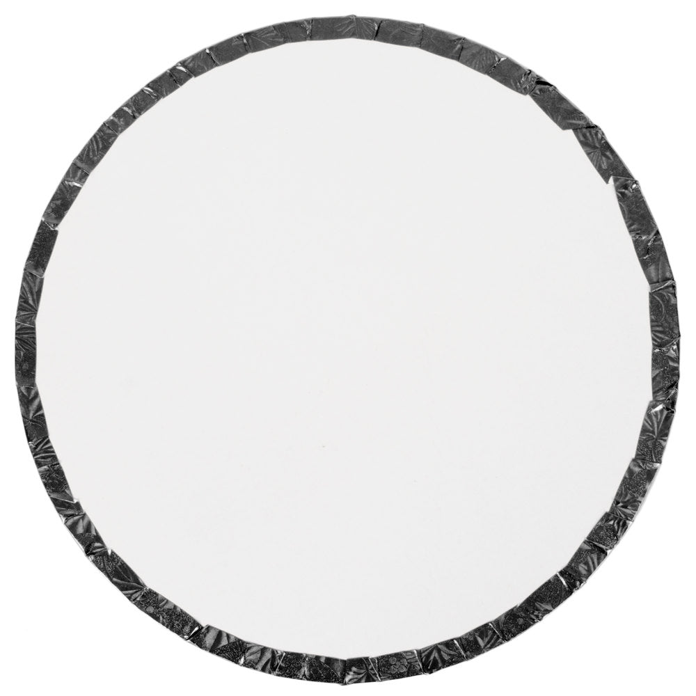 image shows the back of a 20 inch round black cake drum that is 1/2 inch thick