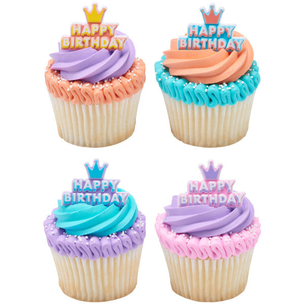 Happy Birthday Crown Cupcake Rings - 12 Rings