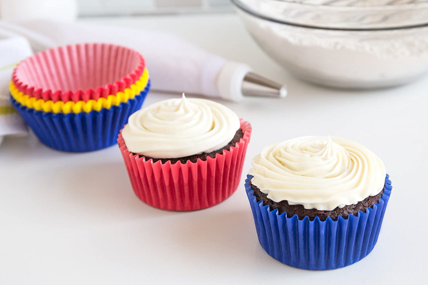 Red, Yellow and Blue Bake Cups - 75 Cupcake Liners