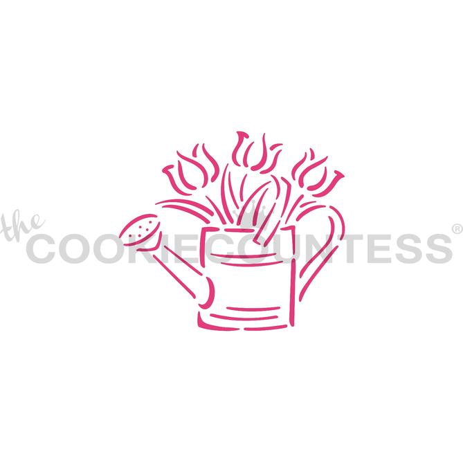 Tulips In Watering Can Paint Your Own Stencil