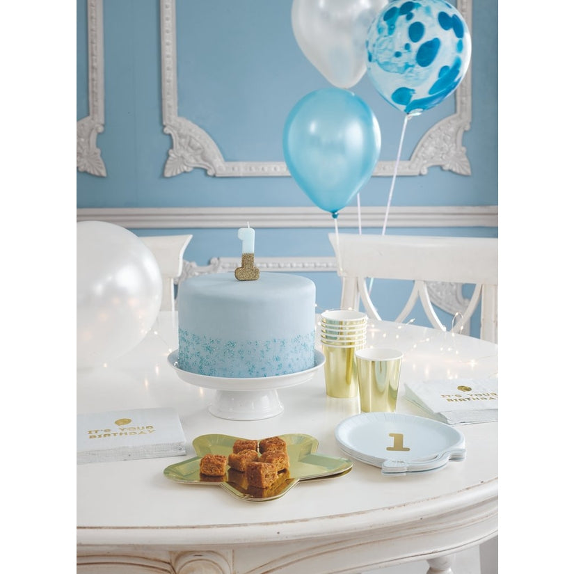 Blue Number 1 Candle with Gold Glitter