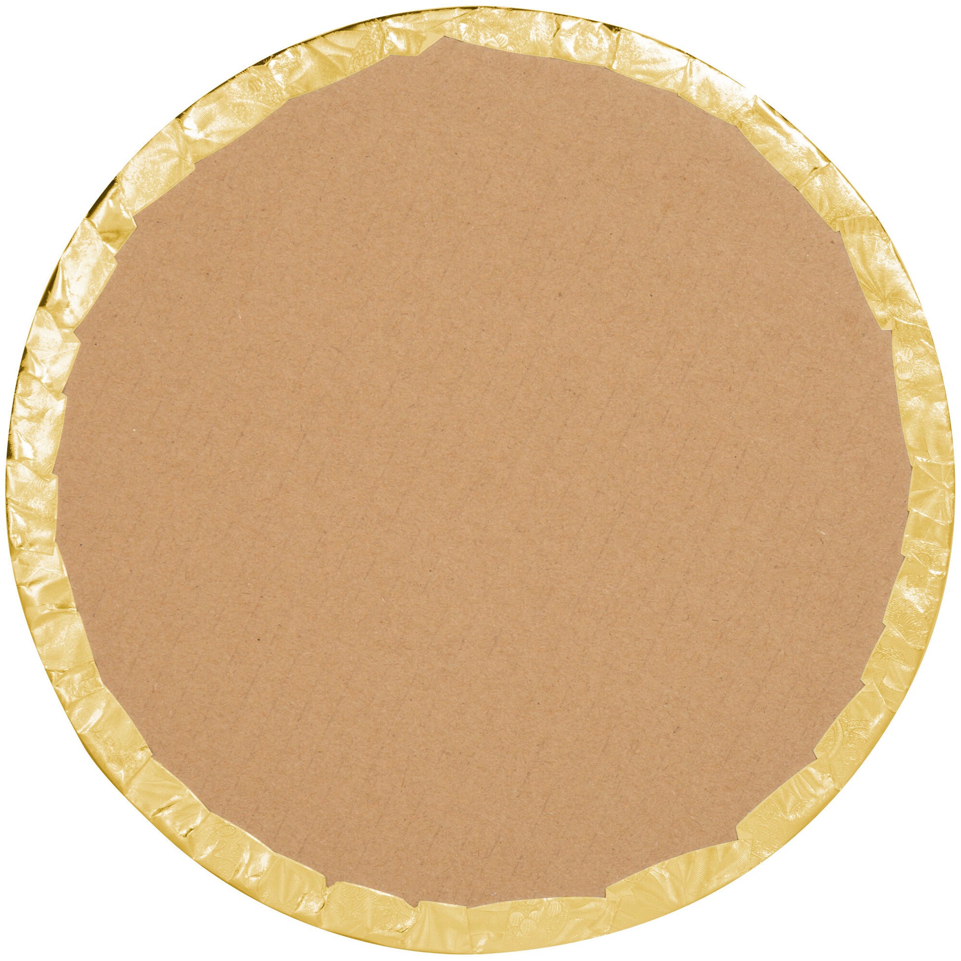image of the back of a 12 inch round gold cake drum that 1/4 inch thick. the back is brown