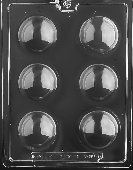 Picture of chocolate mold for making hot chocolate bombs or bath bombs. 6 sphere-shaped cavities on a mold with a diameter of 2.25 inches