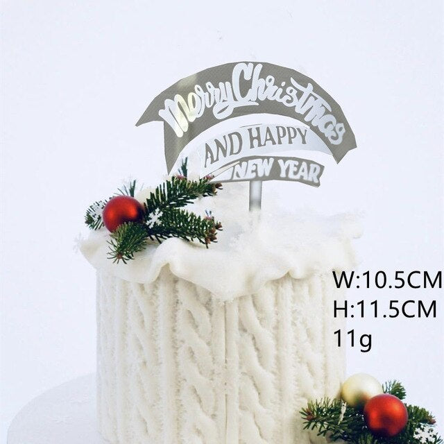Merry Christmas and Happy New Year Silver Acrylic Cake Topper