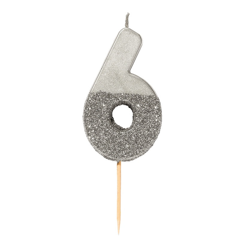 Silver Glitter Number Candle - Number 6