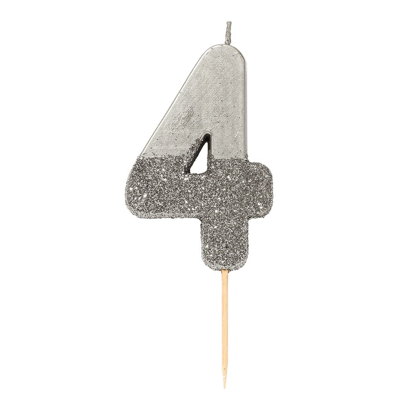 Silver Glitter Number Candle - Number 4