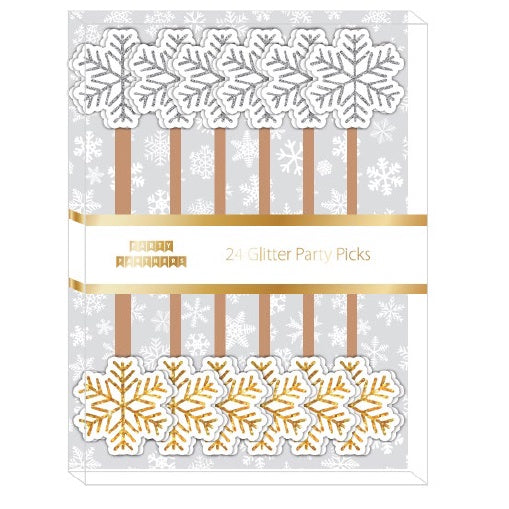 Gold & Silver Glitter Snowflake Party Picks