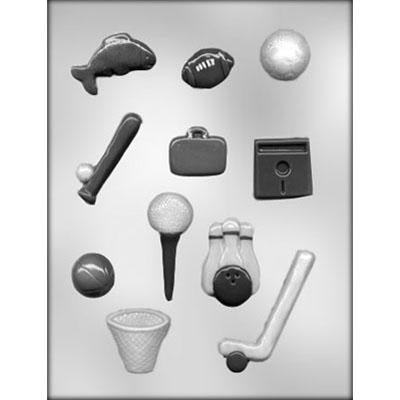 chocolate mold for men or sports enthusiasts. Mold includes a football, golf ball, fish, golf tee and other accessories