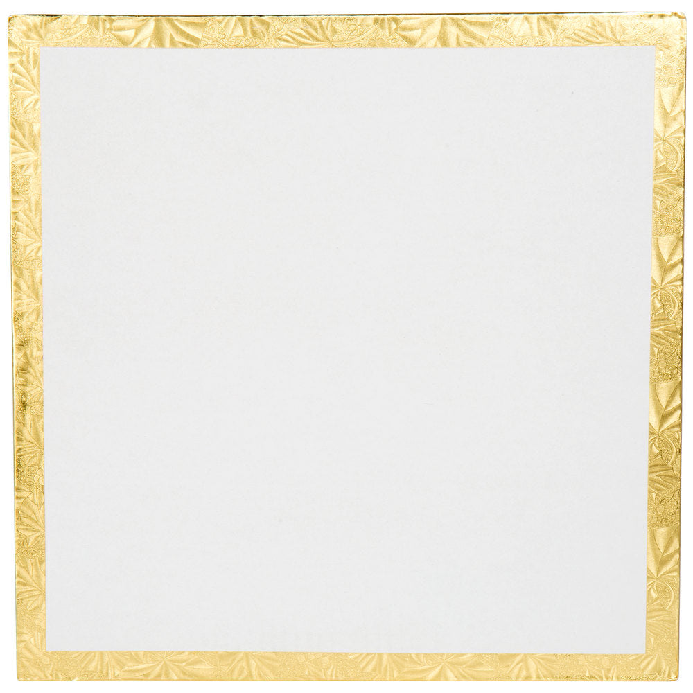 image of the back of a 14 inch square gold cake drum that is 1/2 inch thick
