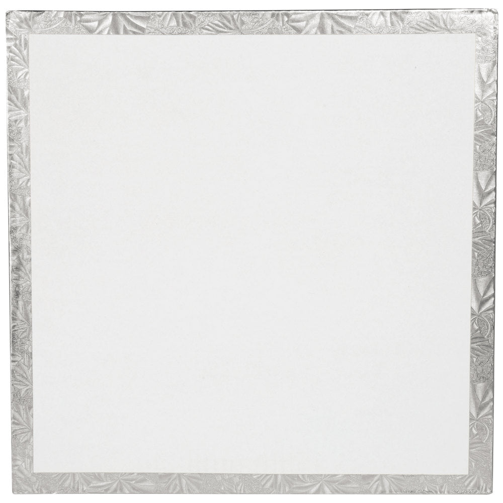 image of the back of a 14 inch silver square cake drum that is 1/2 thick