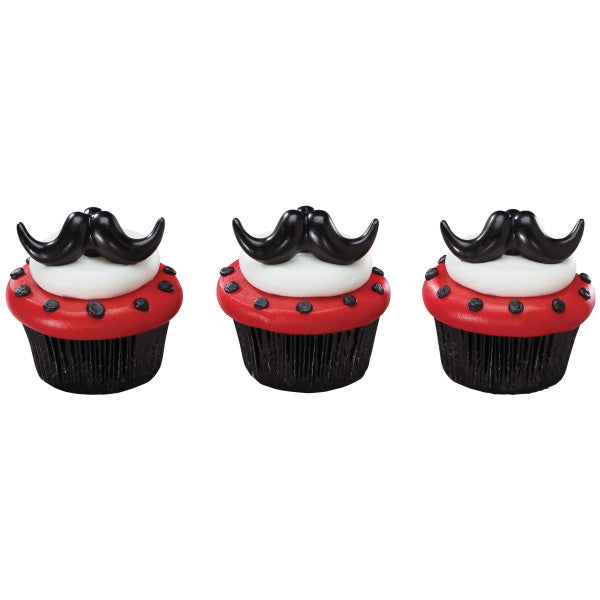 Black Mustache Cupcake Rings - 12 Rings