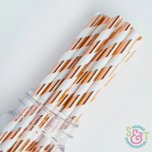Metallic Rose Gold Striped Cake Pop Straws - 25 Straws