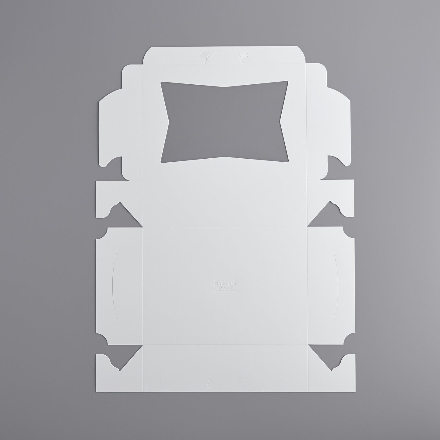 image of white quarter sheet cake box with a window. Image shows box before it is assembled.