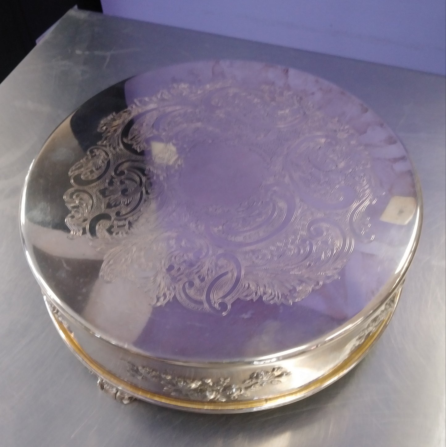Cake Stand Rental - 12" Round Silver - Rose Detail 1