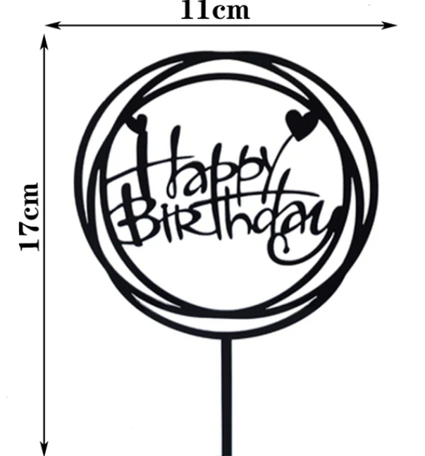 Black Happy Birthday with Round Frame Acrylic Cake Topper