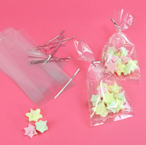 Clear Cellophane Bags with Silver Twist Ties