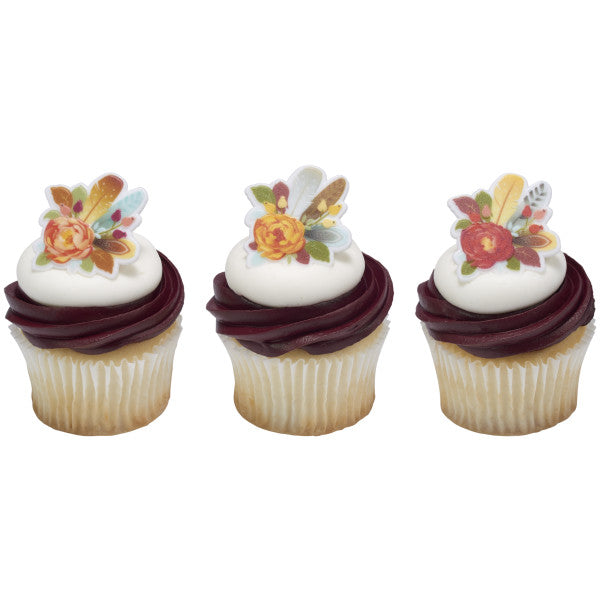 Flowers & Feathers Cupcake Rings - 12 Rings