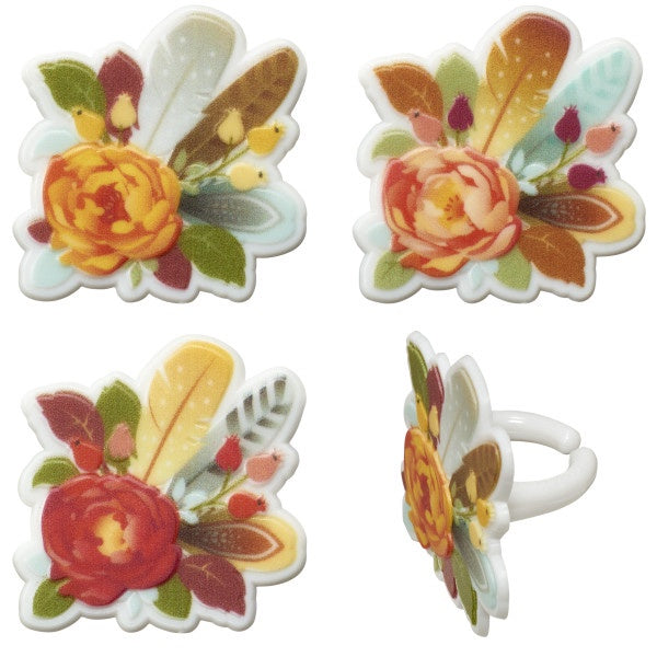 Flowers & Feathers Cupcake Rings - 12 Rings