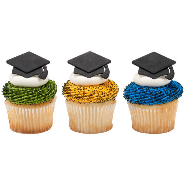 Black Graduation Hat Cupcake Rings - 12 Rings
