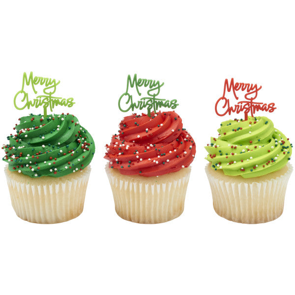 Merry Christmas Script Cupcake Picks - 12 Picks