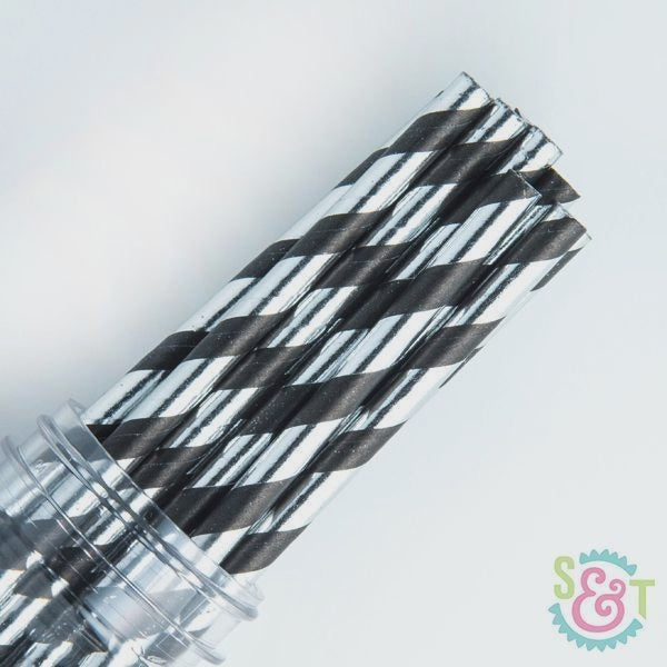 Metallic Black and Silver Striped Cake Pop Straws - 25 Straws