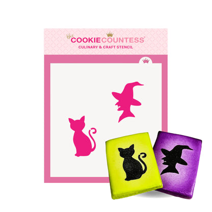 Halloween Witch and Cat Silhouette Stencil
