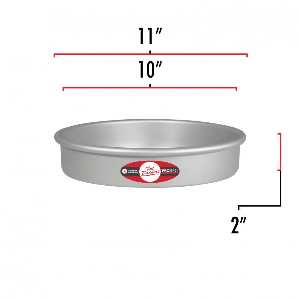 image of fat daddios 10 inch cake pan that is 2 inches deep. Image shows that the outer diameter of the pan is 11 inches while the inner diameter is 10 inches
