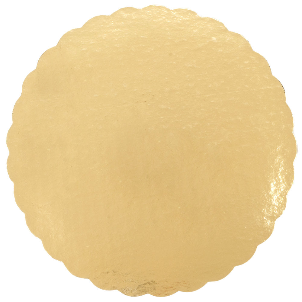 image of 14 inch round gold cake board with scalloped edges