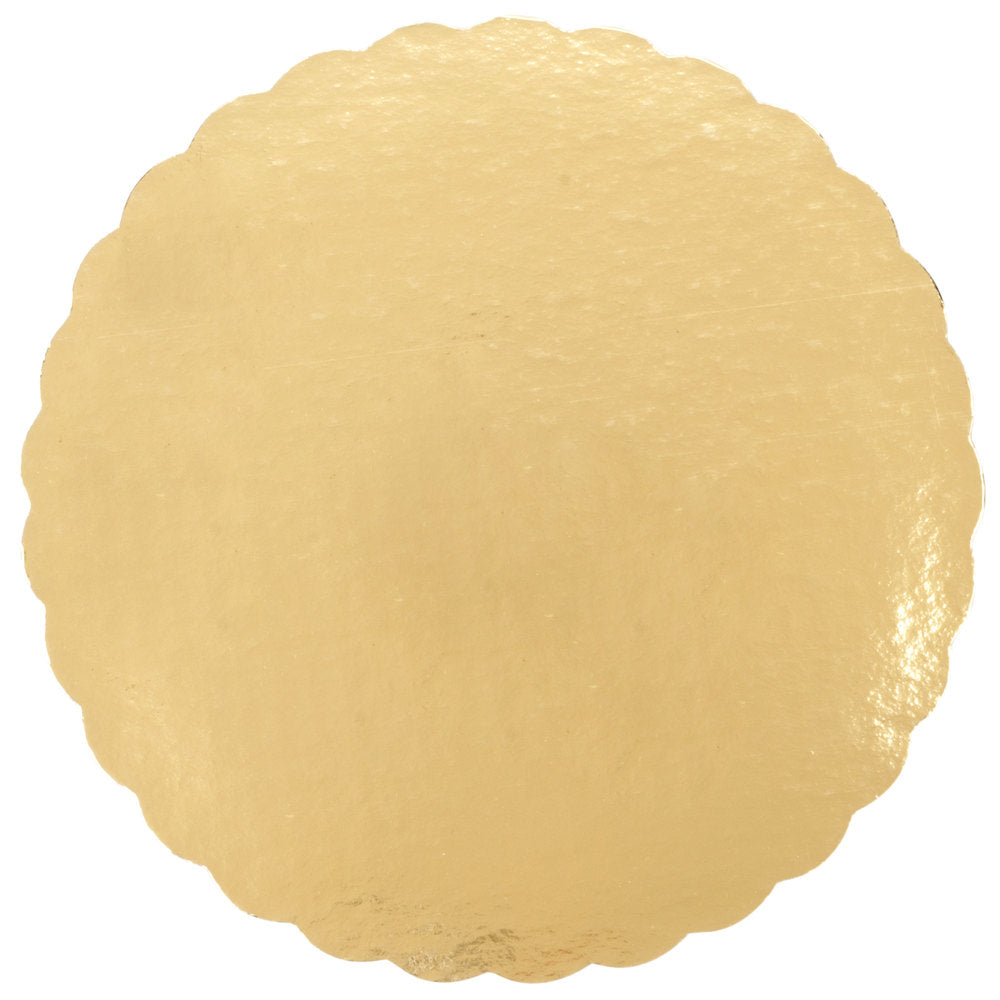 image shows the front side of a 10 inch gold cake board that has scalloped edges