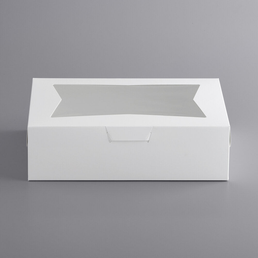 image of white 14x10 cake box with a window. The image shows the cake or cupcake box fully assembled