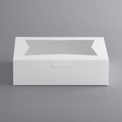 image of white 14x10 cake box with a window. The image shows the cake or cupcake box fully assembled