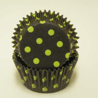 Black with Lime Polka Dots, Standard Size Bake Cups - 50ish Cupcake Liners