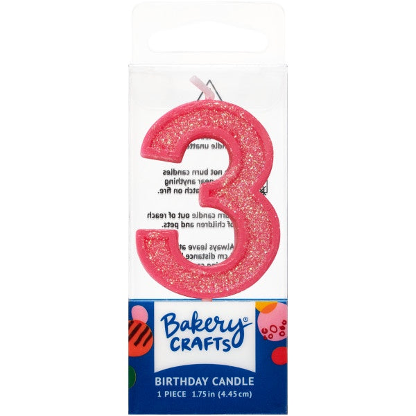 Mini, Number 3, Pink Glitter Candle