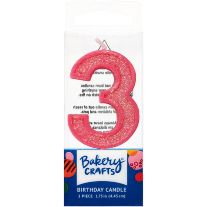 Mini, Number 3, Pink Glitter Candle